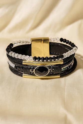 Boho Layered Bracelet for Women – Green Crystal Beaded Wrap Bracelet with Gold Clasp, Multi-Strand Hypoallergenic Statement Jewelry - color: Black Crystal