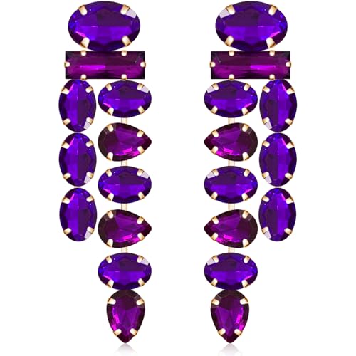Boho Large Sparkly Rhinestones Teardrop Drop Dangle Earrings Long Tassel Full Crystals Chain Earrings for Women Wedding - style: Purple