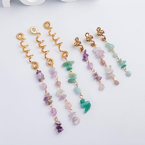 FRDTLUTHW Colored Natural Stone Pendant Hair Jewelry for Braids, Crystal Dreadlock Accessories for Women(pack of 6) - color: 6PCS,Green,Pink,Purple