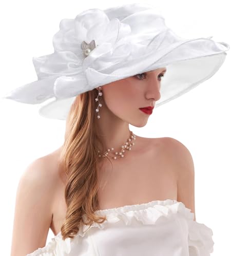 ORIDOOR Women’s Organza Church Tea Party Wedding Fascinator Derby Hat Wide Brim Sun Hats - color: C3-pure White