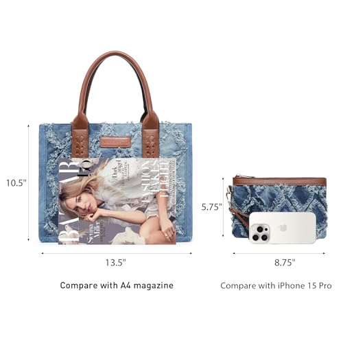 Denim Tote Bag for Women Top Handle Satchel Purse Boho Shoulder Handbags with Wristlet - color: Blue