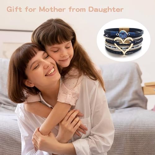 Long tiantian Leather Bracelets for Women Warp Bracelet Stackable Boho Layered Bracelet Chunky Heart Trendy Birthday Gifts for Her - color: A6:Bracelets for Women(Blue)