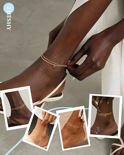 ZHESHY Ankle Bracelets for Women Gold Anklets with Birthstone 14K Gold Plated Dainty Layered Anklets Waterproof Non Tarnish Chain Anklet Bracelets Summer Beach Jewelry Birthday Gifts - color: 07.July(Ruby）