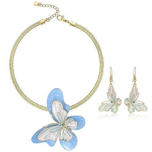 Vintage Chunky Statement Jewelry Set Retro Leaf Floral Geometric Bohemian Boho Bib Necklace Earring Set Fashion Costume Jewelry for Women Girls Wedding Party Prom Unique Gift - style: Butterfly - Light Blue