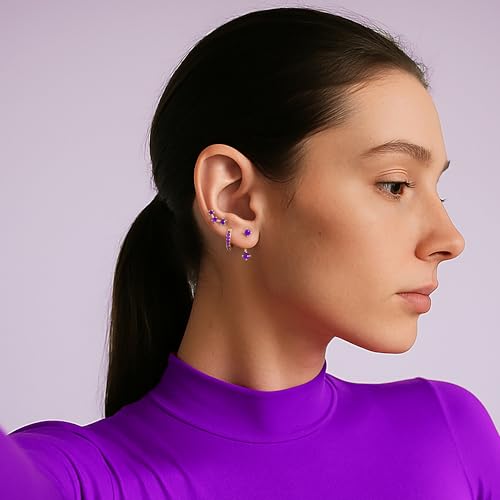 3 Pairs Dainty Small 4th of July Earrings for Women Trendy, Birthstone Stud Huggie Hoop Jacket Stack for Cartilage Helix, Gold Plated Hypoallergenic Cute Women Fashion Accessories Western Jewelry Gifts - color: 02Purple Created Amethyst-Feb (Gold)