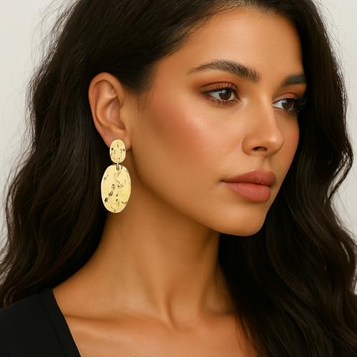 Chunky Irregular Geometry Clip On Earrings for Women, Matte Gold/Silver Retro Oval Dangle Drop Clip Earrings Non Pierced Clips Stetement Jewelry Gifts - color: Gold