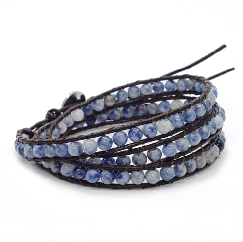 3 Wrap Genuine Leather Bracelet Gemstone Bead - color: Planet Blue