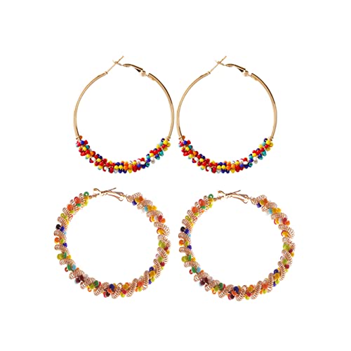 2 Pairs Bohemian Colorful Beads Circle Round Hoop Earrings Gold Hoop Dangle Earrings for Women Vintage Boho Jewelry - color: wide