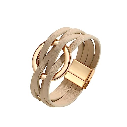 Fuqimanman2020 Circle Charm Leather Wrap Bracelet Boho Handmade Layered Cuff Bracelets for Women Teen Bohemian Multi Strand Bangle Bracelets Holiday Jewelry - color: khaki