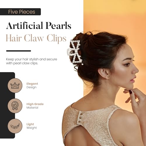 5 PCS Simulated Pearl Hair Claw Clips for Women | Multi-Use Barrettes for Thin Hair with Non-Slip Strong Hold | Barrettes for Thick & Curly Hair Accessories | Flat Claw Clips for Women, Off-White - color: 5 Pcs Mix