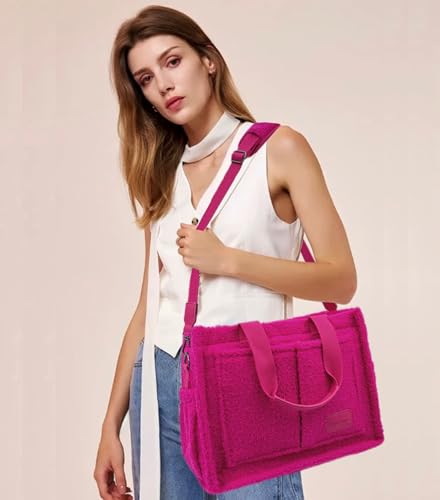 Large Canvas Tote Bag for Women Work Tote Bags with Pockets Laptop Crossbody Purses Everyday Bag Handbags for Travel - color: Plush Rose Red