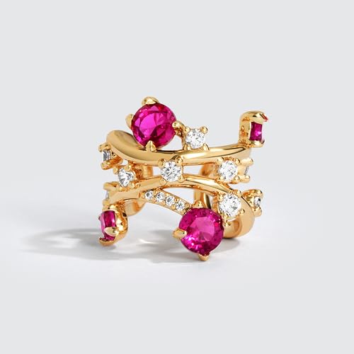 DREMMY STUDIOS Women Ear Cuff Non Piercing | 14K Gold Plated Cubic Zirconia Fake Earrings Wrap Clip on Cartilage Earring | Lightweight Hypoallergenic Jewelry SINGLE EAR CUFF - style: Red Flower