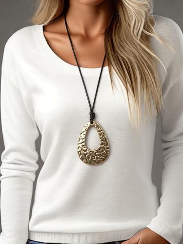 PU Leather Necklace Vintage Boho Style Multilayer Pendant Long Sweater Necklace Jewelry for Women Men with Adjustable Leather Cord - color: Gold Pear-shaped Leather Necklace