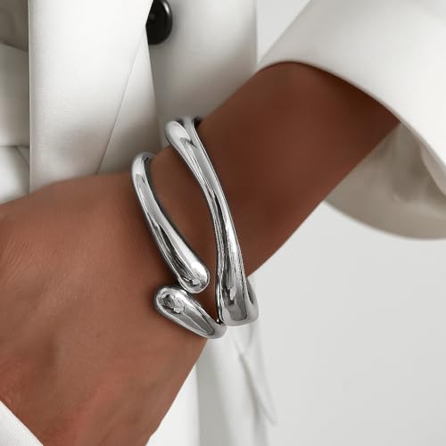 PEALICIOUS 2Pcs Chunky Bracelet for Women, Girls Gold Bangle Bracelet 7in Minimalist Silver Chunky Bangles Prom Gifts, Trendy Gold Arm Cuff Upper Arm Band, Stack Bead Prom Accessories Summer Jewelry - style: Silver chunky bangle