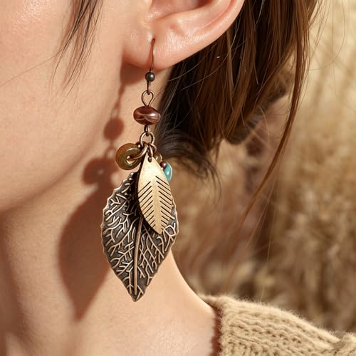 Wooden Leather Necklaces Set Bohemian Wood Stack Discs Long Chain Hemp Rope Bronze Plated Pendant Ethnic Tribal Fall Leaf Earrings Jewelry Statement Necklace - color: R-028