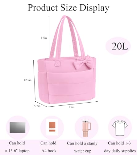 CTWWFS Puffer Tote Bag for Women, Quilted Bow Tote Bag with Cup Holder & 15.6 In Laptop Compartment for Work, Travel, Gym - color: Dark Pink