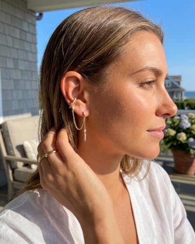 MUMREUES Gold Earrings for Women Trendy 14K Gold Plated Dangle Earrings Small Hoop Huggie Drop Stud Earrings Cubic Zirconia Simple Minimalist Dainty Chain Tassel Hypoallergenic Earrings - color: Ear Cuff & Gold