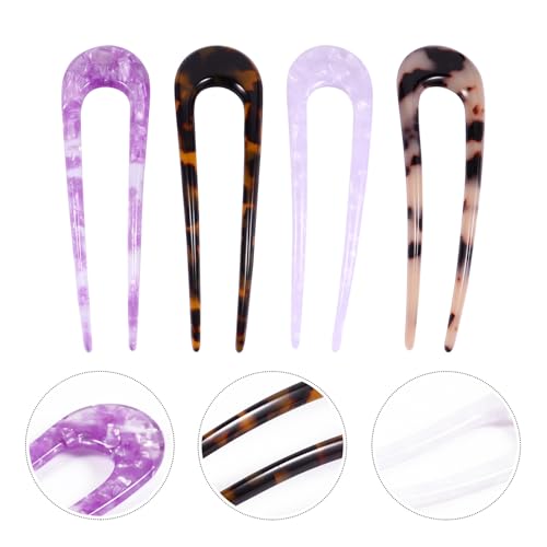 DOITOOL 4pcs U-shaped Acetate Double Prong Hair Pins Hair Fork Bun Holder Clips for Women with Mixed Colors