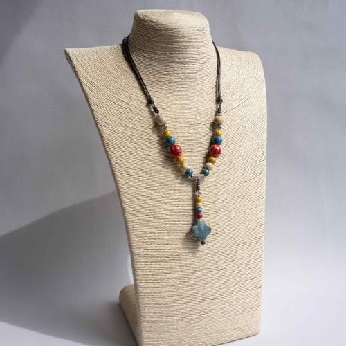 Adjustable Ceramic Beaded Necklace for Women, Boho Handmade Flower Pendant Necklace, Hippie Jewelry for Mom and Wife - color: Blue-Yellow-Red, style: Bohemian