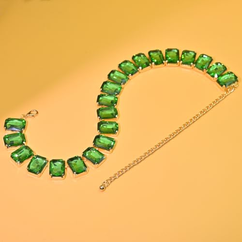 Fashionable Chunky Plated Tennis Rhinestone Statement Necklace Jewelry Set for Women Multicolor gem necklace with Great Sparkle and Shine Design for Women to Easy Match - color: green square rhinestone