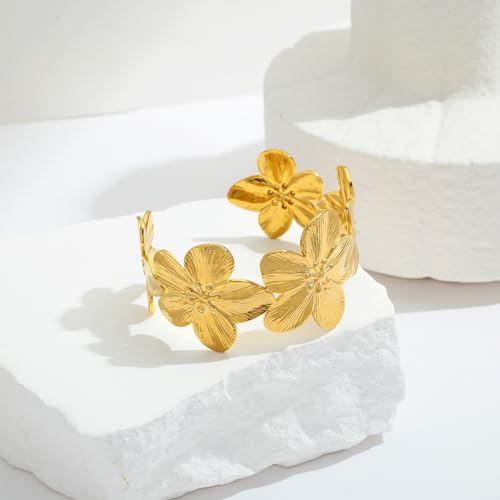 WOWORAMA Chunky Gold Cuff Bracelets for Women Vintage Gold Flower Butterfly Bracelet Trendy Boho Wide Open Cuff Bangles Matte Statement Bracelet - color: Daisy Flower