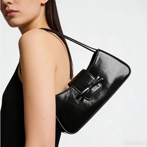 Shoulder Bags for Women Coquette Bow Purse Y2k Bag Small Cute Purses Mini Hobo Handbag Faux Leather Shoulder Purse - color: Black