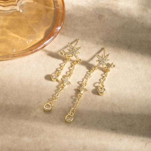 LLWOM 14K Gold/White Gold Plated CZ/Flower/North Star/Leaf Dangle Drop Earrings Studs for Women, Statement Earrings for Wedding Party Prom, Hypoallergenic Jewelry Gift - color: Gold North Star