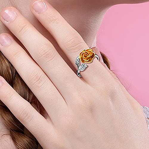 U7 Rose Flower Ring, Stackable Band Ring for Women Girls, Platinum Silver/Gold/Rose Gold Red Signet Rings Adjustable Fit Size 5 to 10 - color: Yellow Rose-925 Silver