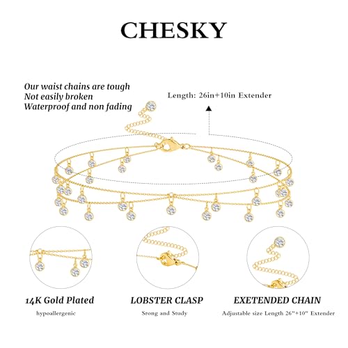CHESKY Waist Beads for Women, Dainty 14k Gold Plated Waist Chain Beach Accessories Cute Belly Chain Body Chain Gold Chain Belts for Women Summer Beach Jewelry for Womens Gifts Rave Outfits for Womens - style: CZ belly chain-gold