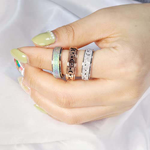 Anxiety Ring for Women Spinner Rings:Rotating Rings Stainless Steel 6mm Moon Star Anxiety for Men Band Jewelry Gift for Women Size 6 7 8 9 10 - color: Three Color