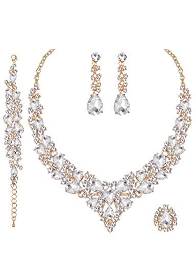 CSY 4 Pcs/Set Austrian Crystal Necklace Earrings Bracelet Ring Bridal Jewelry Sets for Brides Wedding Party Costume Accessories Gifts for Women - color: 02-gold plated-white