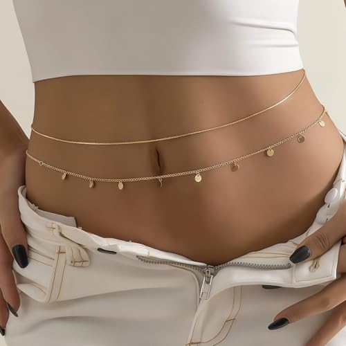 14K Gold Plated Waist Chain for Women, 2Pcs Adjustable Pearl Beads Body Chain, Sexy Layered Summer Beach Bikini Belly Jewelry Accessories - style: Chain&Sequins