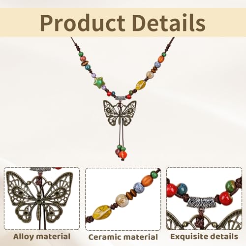 Boho Necklace for Women,Vintage Butterfly Pendant Necklaces,Adjustable Wooden Beads Layered Braided Choker,Fashion Tribal Style Leather Rope Necklace Jewelry,Chunky Statement Gift for Women - color: Colorful6