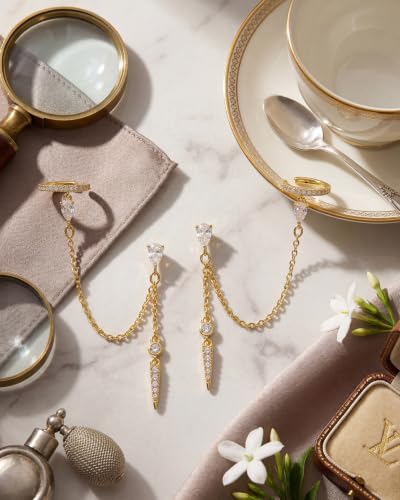 MUMREUES Gold Earrings for Women Trendy 14K Gold Plated Dangle Earrings Small Hoop Huggie Drop Stud Earrings Cubic Zirconia Simple Minimalist Dainty Chain Tassel Hypoallergenic Earrings - color: Ear Cuff & Gold