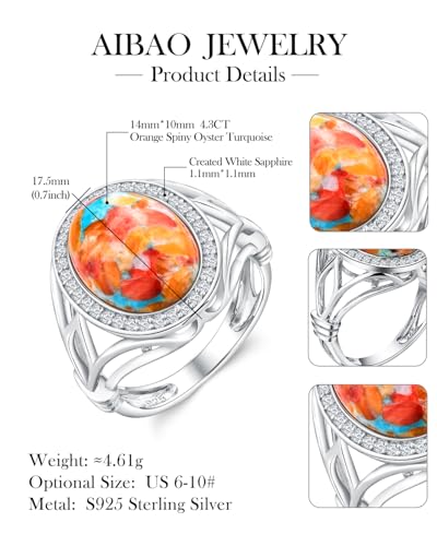 AIBAO 4-12 Ct Large Oval Engagement Rings for Women Natural Turquoise/Lapis Lazuli/Malachite Celtic/Infinity/Love Knot Halo Ring Size 6 to 10 Anniversary Christmas Valentines Gift - style: 4.62 Ct Orange Oyster Turquoise & Created White Sapphire