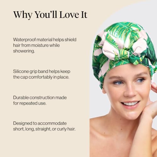 Kitsch Luxury Shower Caps for Women Reusable Waterproof - Large Shower Cap for Women and Men, Non-slip, Quick-dry Hair Cap for Long & Short Hair, Comfortable and Stylish Design - Palm Leaves - color: Palm Leaves