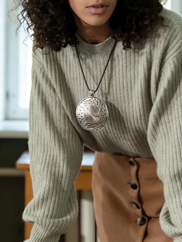 PU Leather Necklace Vintage Boho Style Multilayer Pendant Long Sweater Necklace Jewelry for Women Men with Adjustable Leather Cord - color: Black/Silver
