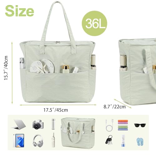 Bluboon Waterproof Beach Tote Pool Bags for Women Ladies Extra Large Carry On Bag With Wet Compartment for Weekender Travel - color: Grass Green White Grid Stripes