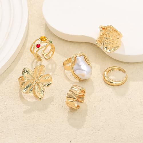 Chunky Gold Rings for Women Non Tarnish Statement Flower Ring Baroque Pearl Stackable Rings Set 6Pcs Chunky Jewelry - color: Gold