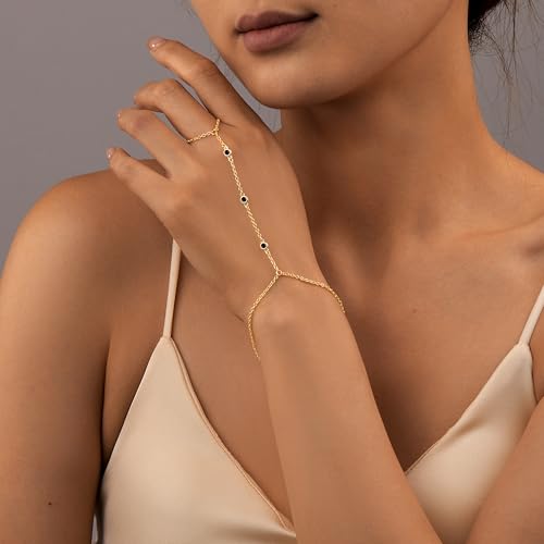 Gokeey Gold Hand Chain Bracelet for Women Trendy, Dainty 14k Gold Plated Ring Bracelet Hand Chain Finger Ring Slave Cuff Bracelet Cubic Zircon Hand Jewelry for Women Accessories - style: 3cz hand chain-Black