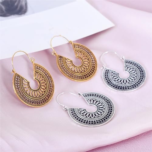 Boho Antique Carved Flower Dangle Drop Earrings for Women Vintage Retro Handmade Hollowed Antiqued Bronze Floral Shaped Geometric Gold Silver Plated Hoop Earrings for Ethnic Style Jewelry Gifts - color: Gold round earrings
