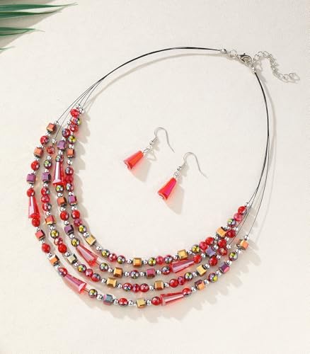 Errally Layered Beaded Statement Necklace Multi Strand Crystal Beads Collar Necklace and Earring Sets for Women Fashion Costume Jewelry Set Gifts for Her - color: Red