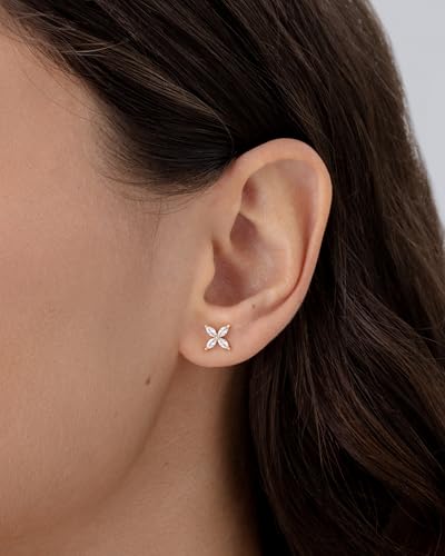 PAVOI 14K Gold Plated Dainty Stud Earrings for Women - 925 Sterling Silver Posts Earrings with Cubic Zirconia - Celestial Lightning Bolt, Moon, Star, and Flower Gold Jewelry Gifts - style: Flower