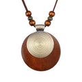 Kelake Leather Necklace for Women Men Teen Vinatge Boho Alloy Pendant Choker Jewelry Fashion Sweater Necklaces with Adjustable Genuine Leather Chain - color: Brown Wood & Gold 2 Layers Round Pendant
