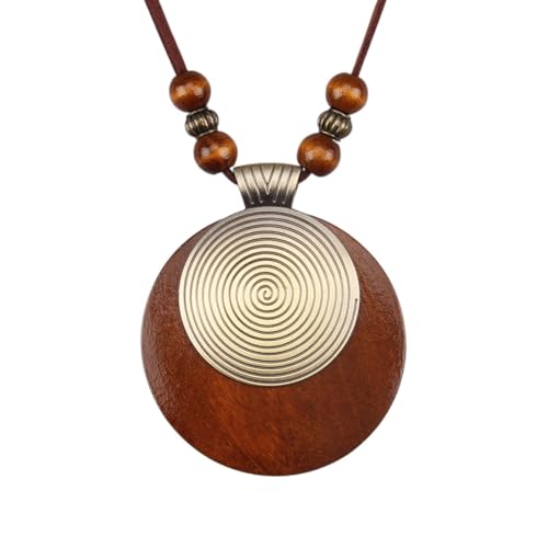 Kelake Leather Necklace for Women Men Teen Vinatge Boho Alloy Pendant Choker Jewelry Fashion Sweater Necklaces with Adjustable Genuine Leather Chain - color: Brown Wood & Gold 2 Layers Round Pendant