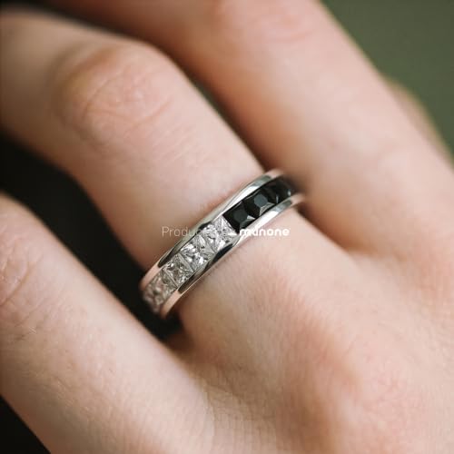 Channel Set Cubic Zirconia Eternity Band Rings for Women Men | 18k Gold Plated Cubic Zirconia,Minimalist Non Tarnish Hypoallergenic Wedding Band Stackable Ring - color: Black & White-4mm