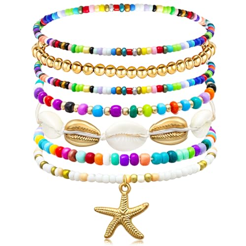 Beach Bracelets for Women Bohemian Stackable Heishi Surfer Bracelet Set Elastic Seashell Starfish Boho Friendship Bracelets for Summer Beach Party Holiday Vacation Jewelry - color: 7PCS-Colorful