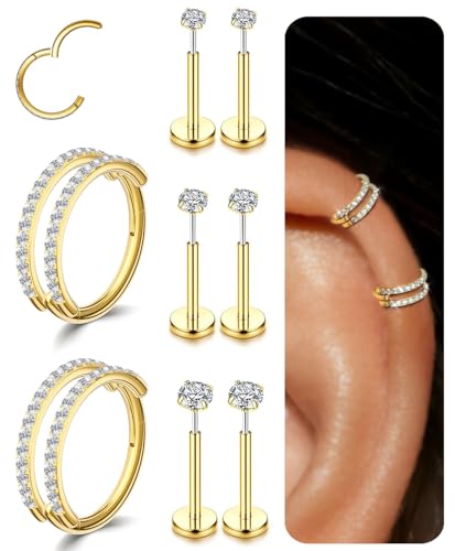 Small Cartilage Double/Triple-Hoop Helix Conch Piercing Earrings With Cubic Zirconia For Women Trendy 14K Gold Plated Titanium Surgical Stainless Steel Sets Nose Rings Hoops Septum Rings - color: 14K Gold, style: C-4Pairs-16Gauge-Double CZ hoop
