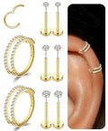 Small Cartilage Double/Triple-Hoop Helix Conch Piercing Earrings With Cubic Zirconia For Women Trendy 14K Gold Plated Titanium Surgical Stainless Steel Sets Nose Rings Hoops Septum Rings - color: 14K Gold, style: C-4Pairs-16Gauge-Double CZ hoop