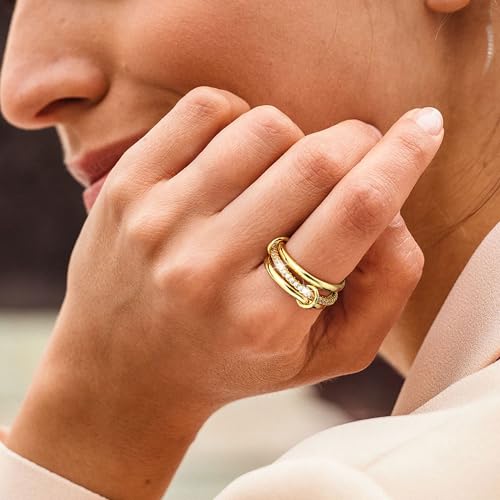 PATISORNA Gold Stackable Rings for Women Non Tarnish 18K Gold Plated Interlocked Stack Rings Set Silver Gold Mixed Metals Multi Ring Statement Thumb Rings Cubic Zirconia Connected Bands Fashion Jewelry Gifts - color: Thin Bands & CZ